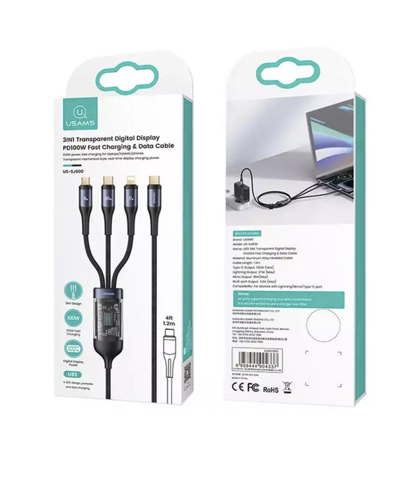کابل شارژ سه سر تایپ سی به تایپ سی یوسامز Usams US-SJ600 U83 Fast Charging & Data Cable