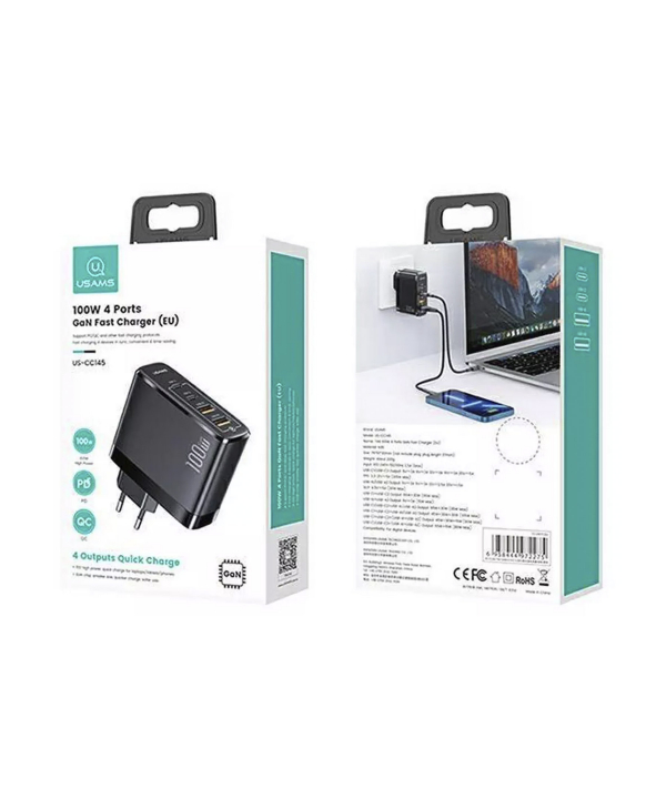 شارژر دیواری فست 100 وات یوسامز Usams US-CC145 T44 100W 4 ports gan fast 2a+2c charger (EU)