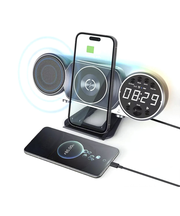 اسپیکر، شارژر بی سیم و سیمی، هولدر موبایل Wireless Wireless Charge Clock Speakers 6 in 1 WD-100