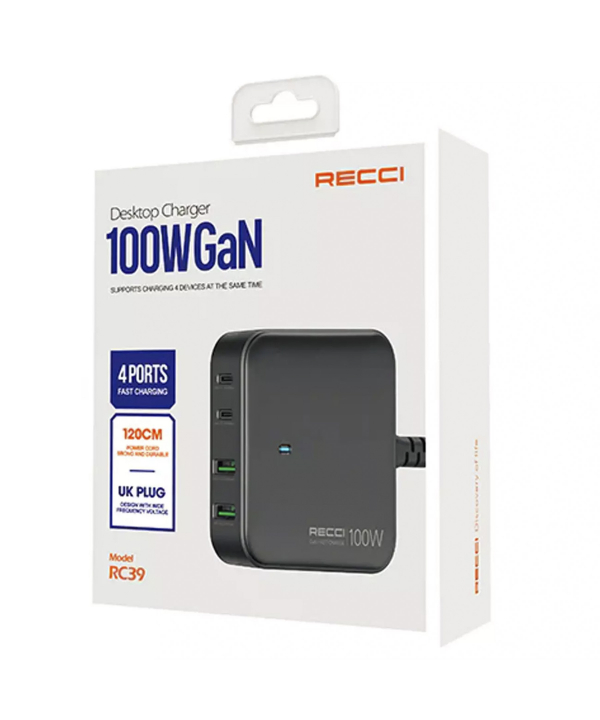 پاور هاب و شارژر رومیزی فست شارژ تایپ سی و یو اس بی 100 وات رسی RC39E