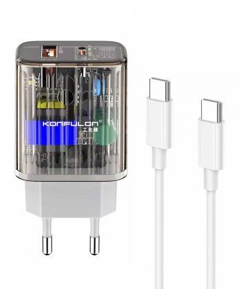 شارژر دیواری تایپ سی و یو اس بی 22.5 وات طرح شفاف با کابل دو سر تایپ سی کانفلون C86Q