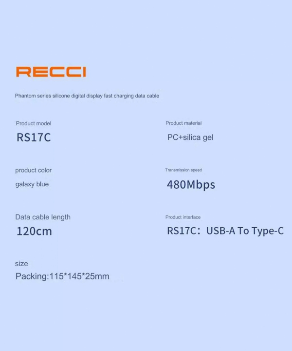 کابل فست شارژ یو اس بی به تایپ سی 66 وات 1.2 متری رسی RS17C