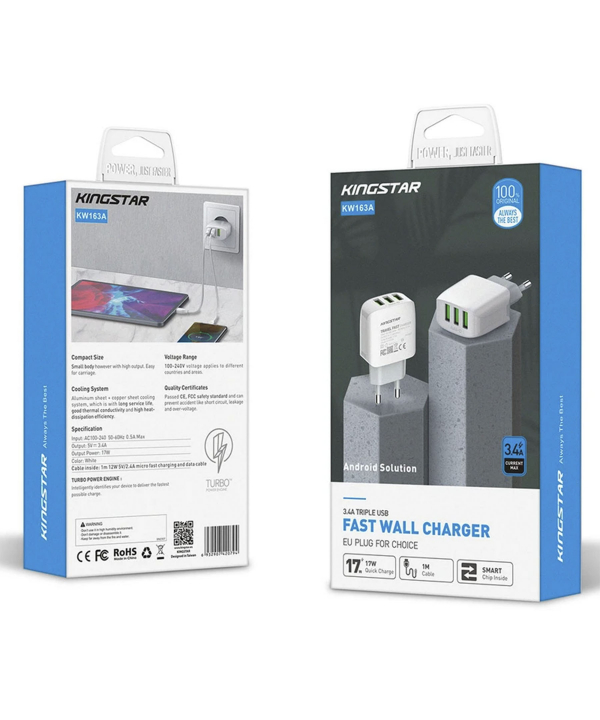 شارژر دیواری 17 وات کینگ استار مدل KW163A به همراه کابل MicroUSB