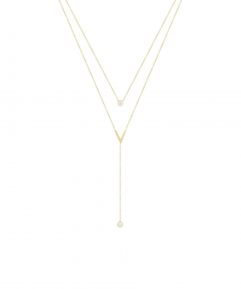 گردنبند دو رج V و تک  نگین با آویز تک  نگین درریس Doris کد P1068