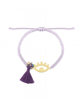 دستبند بافت چشم مژه دار با بافت یاسی و منگوله بنفش درریس Doris کد P1843