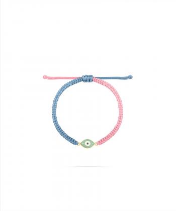 دستبند بافت صورتی و آبی چشم مژه دار با میناکاری سبز کالکشن حوض نقاشی درریس Doris کد P4011