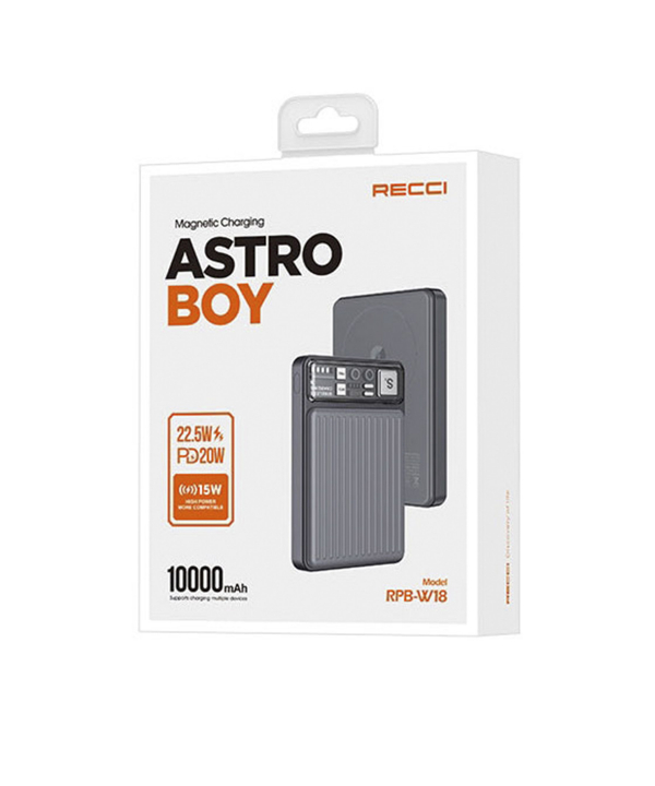پاوربانک و شارژر بی سیم تایپ سی و یو اس بی 10000 رسی RECCI RPB-W18 10000mAh power bank magnetic charging astro boy