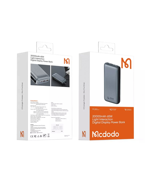 پاور بانک تایپ سی و یو اس بی 65 وات 20000 مک دودو Mcdodo MC-446 Light Interaction Digital Display Power Bank