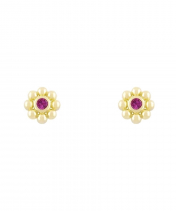 گوشواره میخی گل سه بعدی وسط نگین سرخابی درریس Doris کد P4944