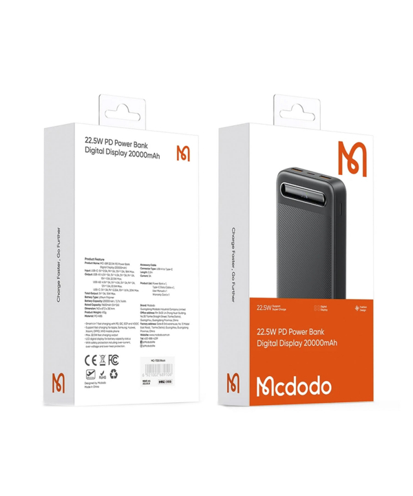 پاور بانک تایپ سی و یو اس بی 22.5 وات 20000 مک دودو Mcdodo MC-389 Power Bank Digital Display