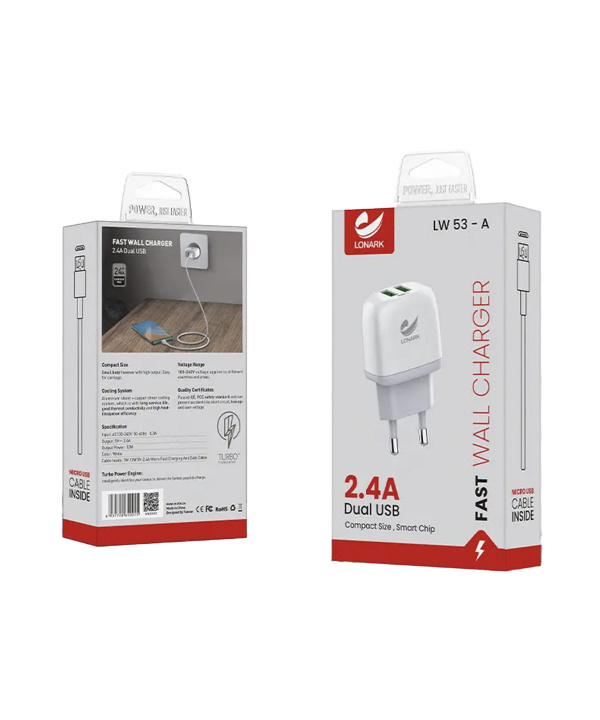شارژر دیواری 12 وات لونارک مدل LW53A به همراه کابل Micro USB