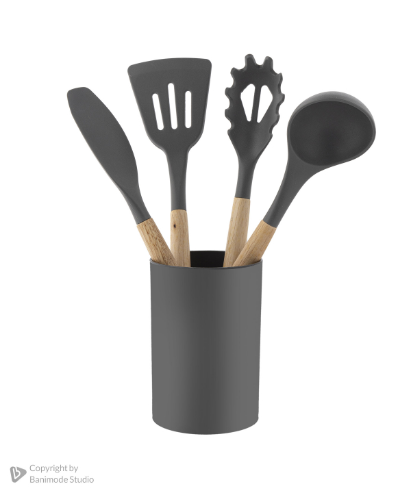 ست کفگیر و ملاقه سیلیکونی کیچن ویر kitchen ware با دسته بامبو سری 12 تکه