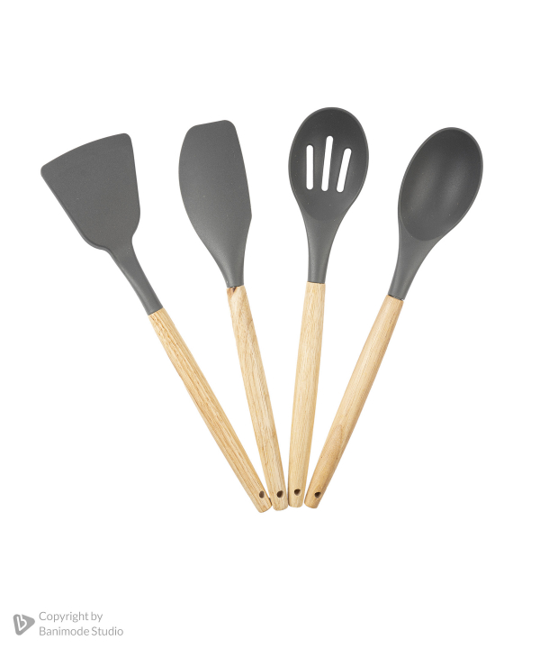 ست کفگیر و ملاقه سیلیکونی کیچن ویر kitchen ware با دسته بامبو سری 12 تکه