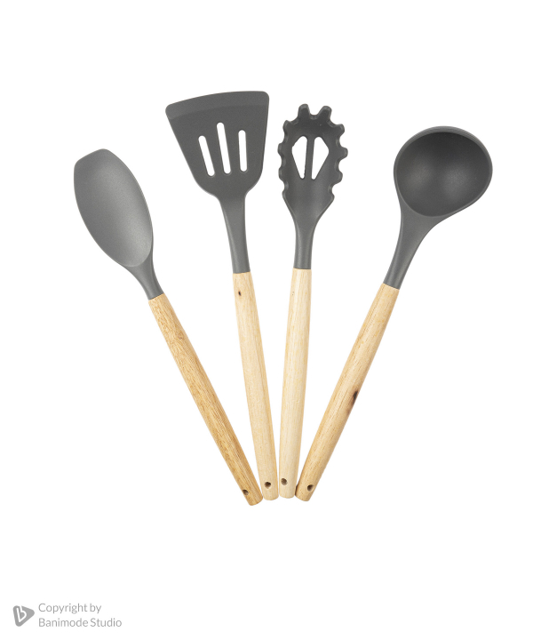 ست کفگیر و ملاقه سیلیکونی کیچن ویر kitchen ware با دسته بامبو سری 12 تکه