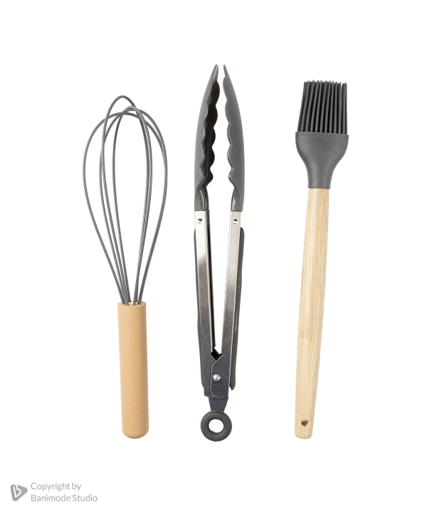 ست کفگیر و ملاقه سیلیکونی کیچن ویر kitchen ware با دسته بامبو سری 12 تکه