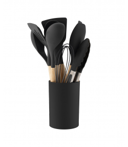 ست کفگیر و ملاقه سیلیکونی کیچن ویر kitchen ware با دسته بامبو سری 12 تکه