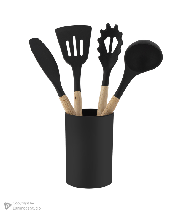 ست کفگیر و ملاقه سیلیکونی کیچن ویر kitchen ware با دسته بامبو سری 12 تکه