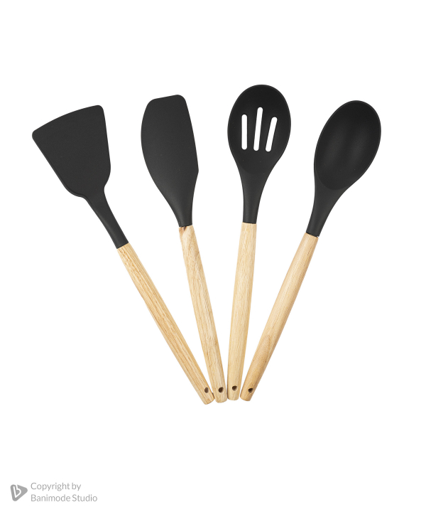 ست کفگیر و ملاقه سیلیکونی کیچن ویر kitchen ware با دسته بامبو سری 12 تکه