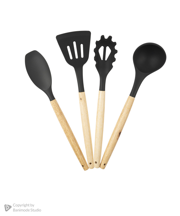 ست کفگیر و ملاقه سیلیکونی کیچن ویر kitchen ware با دسته بامبو سری 12 تکه