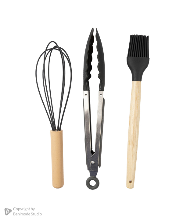 ست کفگیر و ملاقه سیلیکونی کیچن ویر kitchen ware با دسته بامبو سری 12 تکه
