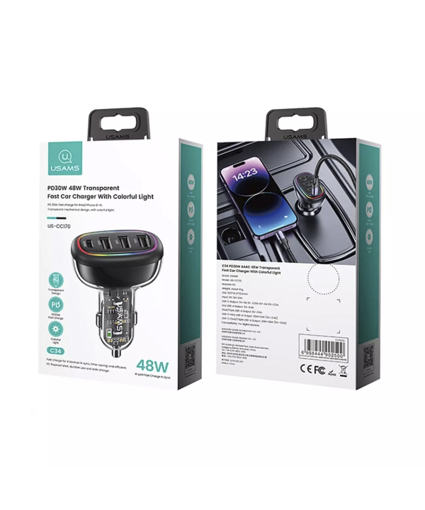 شارژر فندکی فست شارژ ماشین تایپ سی 48 وات طرح شفاف یوسامز US-CC170 C34