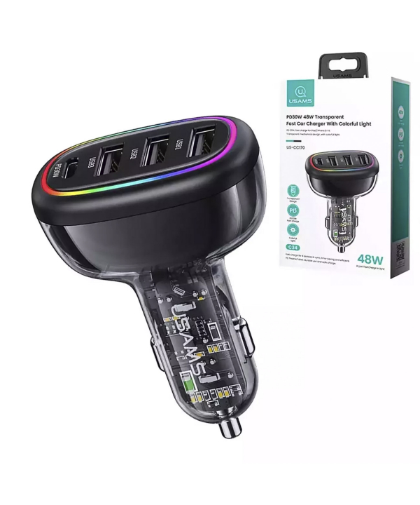 شارژر فندکی فست شارژ ماشین تایپ سی 48 وات طرح شفاف یوسامز US-CC170 C34