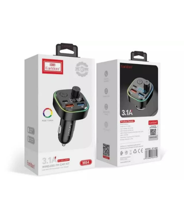 شارژر فندکی فست شارژ ماشین 3.1 آمپر و تایپ سی 18 وات و گیرنده بلوتوثی ارلدام ET-M84