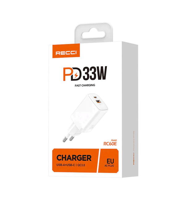 شارژر دیواری تایپ سی و یو اس بی 33 وات رسی RC60E