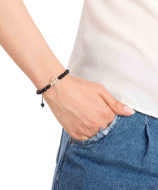 دستبند طلا سنگی شبدر توخالی و اونیکس پرسته Parasteh کد83743