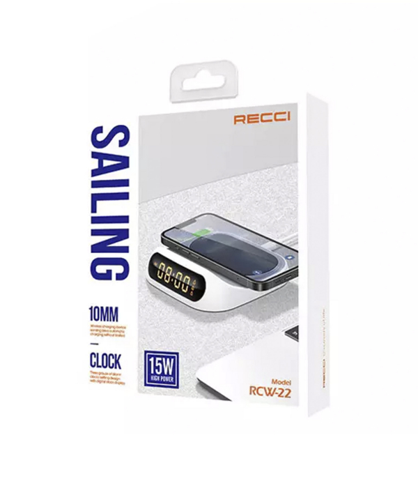 شارژر بی سیم 15 وات و ساعت رومیزی رسی Recci RCW-22 clock wireless fast charging 15W