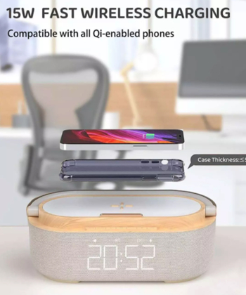شارژر وایرلس 15 وات، اسپیکر بلوتوثی، هولدر موبایل، ساعت دیجیتال و چراغ خواب رومیزی S29