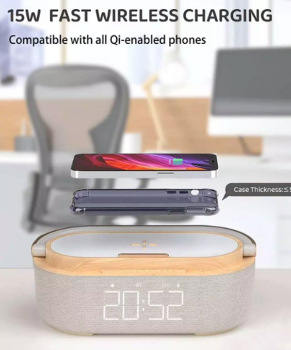 شارژر وایرلس 15 وات، اسپیکر بلوتوثی، هولدر موبایل، ساعت دیجیتال و چراغ خواب رومیزی S29