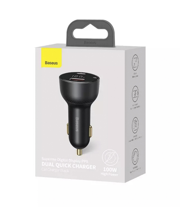 شارژر فندکی فست شارژ ماشین دو پورت 100 وات بیسوس CCZX-01