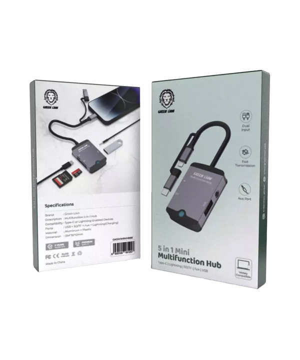 هاب تایپ سی و لایتنینگ مینی 5 درگاه گرین GN5IN1MINIHBBK