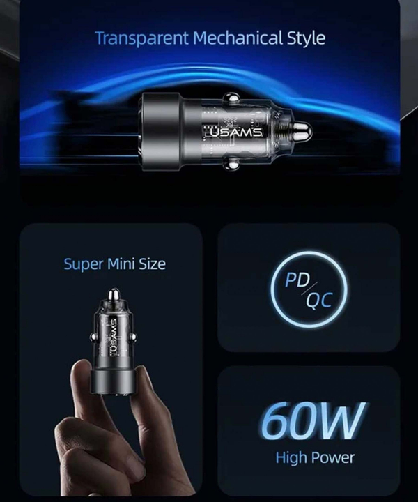 شارژر فندکی فست شارژ ماشین تایپ سی 60 وات طرح شفاف یوسامز US-CC208 C39