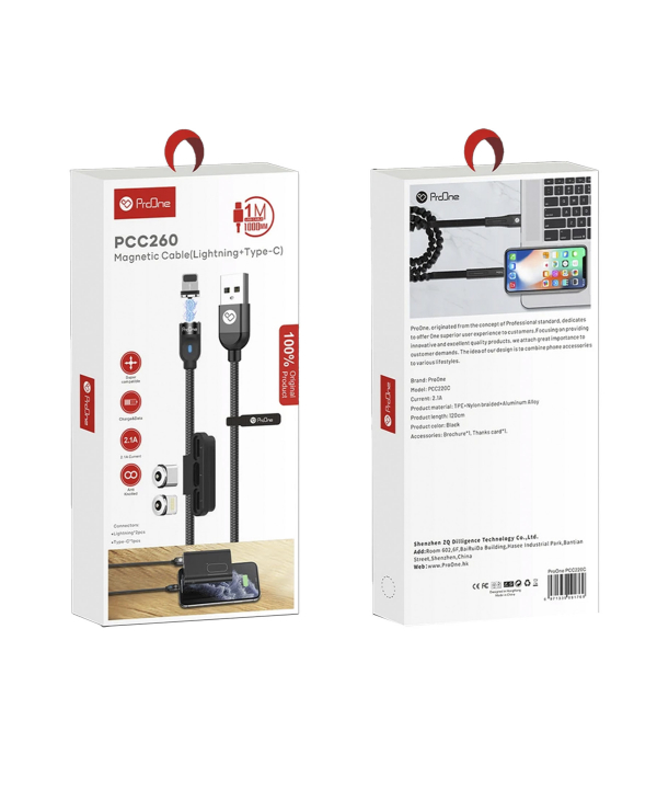 کابل تبدیل مغناطیسی USB به USB-C/لایتنینگ پرووان مدل PCC260 طول 1 متر