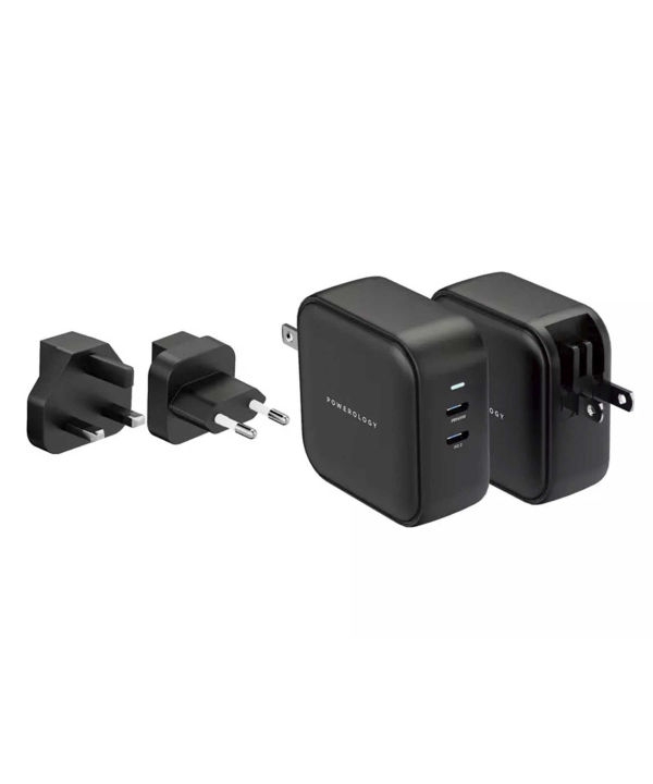 شارژر دیواری تایپ سی 65 وات پاورولوژی Powerology Dual Port World Travel Kit Charging Adapter PWCUQC007-BK