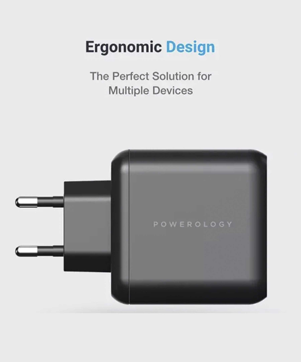 شارژر دیواری فست تایپ سی و یو اس بی 65 وات پاورولوژی Powerology Triple Output EU GaN Charger P65PDWEUBK