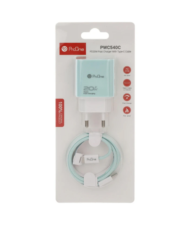 شارژر دیواری 20 وات پرووان مدل PWC540C به همراه کابل تبدیل usb-c
