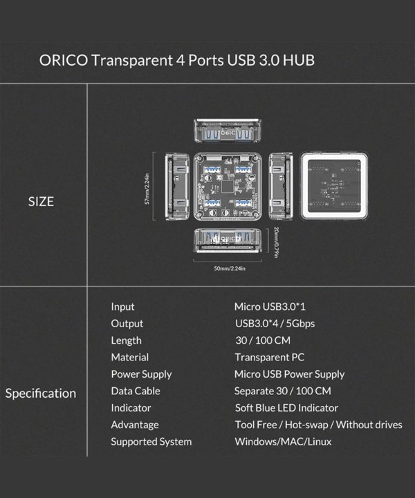 هاب یو اس بی 4 پورت اوریکو Orico 4 Port USB3.0 Transparent HUB MH4U-U3 1M Cable