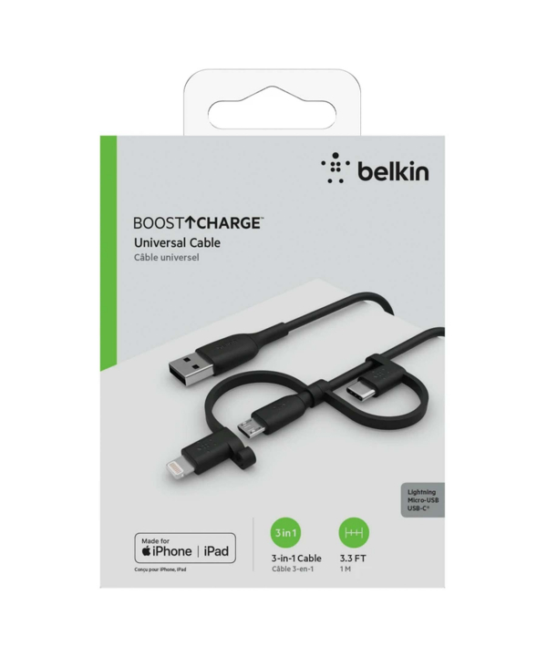 کابل تبدیل USB به USB-C/ لایتنینگ/ MicroUSB بلکین مدل CAC001bt1MBK BOOST طول 1 متر