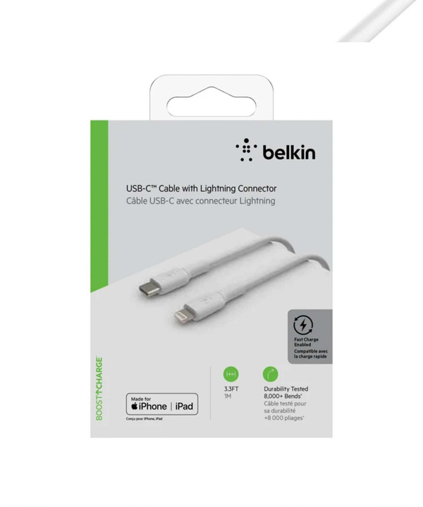 کابل تبدیل USB-C به لایتنینگ بلکین مدل CAA003bt1MWH Fast Charge به طول 1 متر