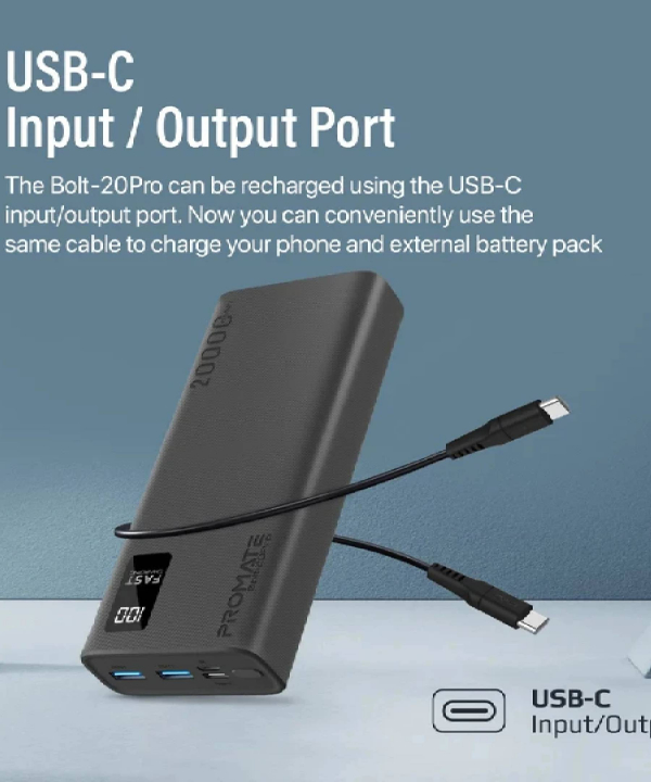 پاوربانک پرومیت مدل BOLT-20PD ظرفیت 20000 میلی آمپر ساعت