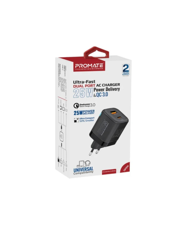 شارژر دیواری 25 وات پرومیت مدل POWERPORT-25AC.BLK.EU