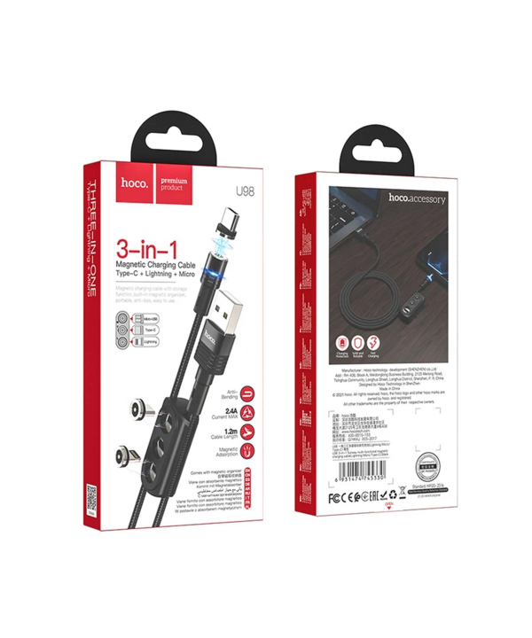 کابل تبدیل USB به لایتنینگ / USB-C / MICROUSB هوکو مدل U98 3IN1 Magnetic طول 1.2 متر