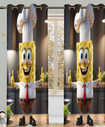 پرده نوپه هوم Nope Home مدل مخمل پانچی طرح باب اسفنجی آشپز می شود سایز 140x280