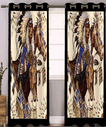 پرده نوپه هوم Nope Home مدل مخمل پانچی طرح اسب و سرخ پوست سایز 140x280