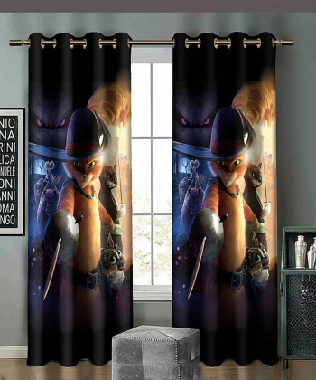 پرده نوپه هوم Nope Home مدل مخمل پانچی طرح گربه چکمه پوش سایز 140x280