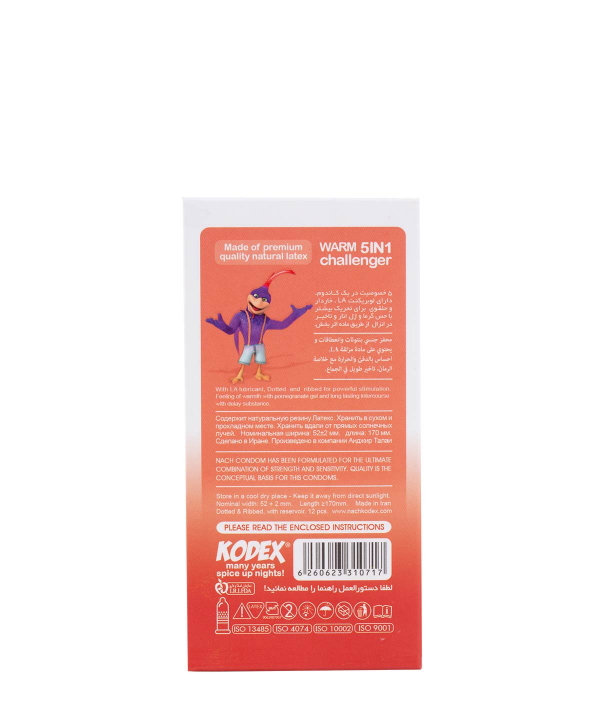 کاندوم تاخیری با اسانس انار کدکس Kodex مدل Warm Challenger 5in1 بسته 12 عددی
