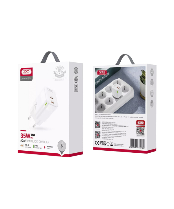 شارژر دیواری دو پورت تایپ سی 35 وات ایکس او XO wall charger CE07 PD 35W 2xUSB-C